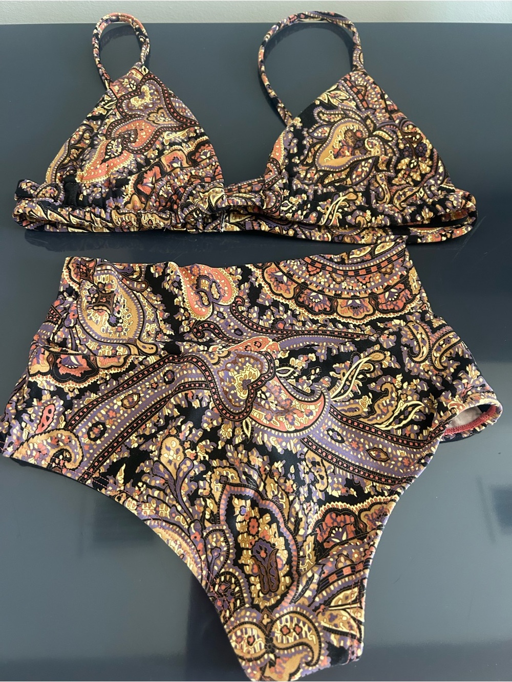 Montce Paisley High-Waist Bikini Set in Black, Gold, Orange